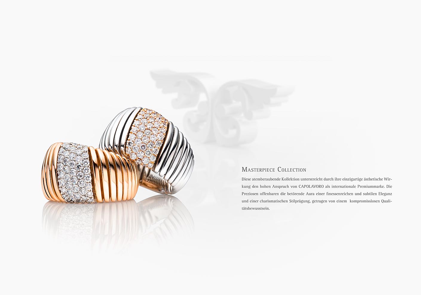 Produktfotografie von zwei Diamant-Ringen mit CGI-Logo Produktfotografie von zwei Ringen