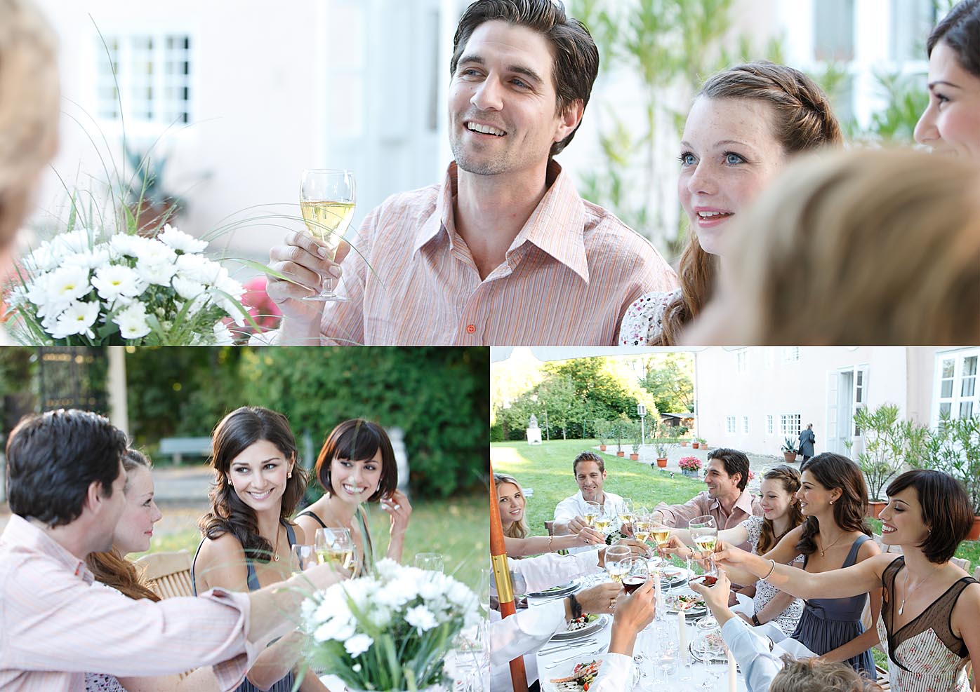 Gartenparty Modelfotografie für Werbeprospekt Sommerstimmung vor Villa im Garten mit der Familie
