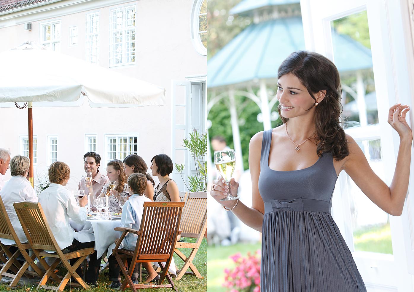 Gartenparty Modelfotografie für Werbeprospekt Sommerstimmung vor Villa im Garten mit der Familie und Einzelportrait