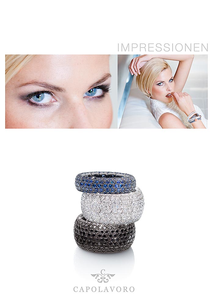 Titelgestaltung und Fotografie Fotografie und Gestaltung einer Broschüre für Schmuck mit blondem Model in der BMW-Welt München Kai Arndt