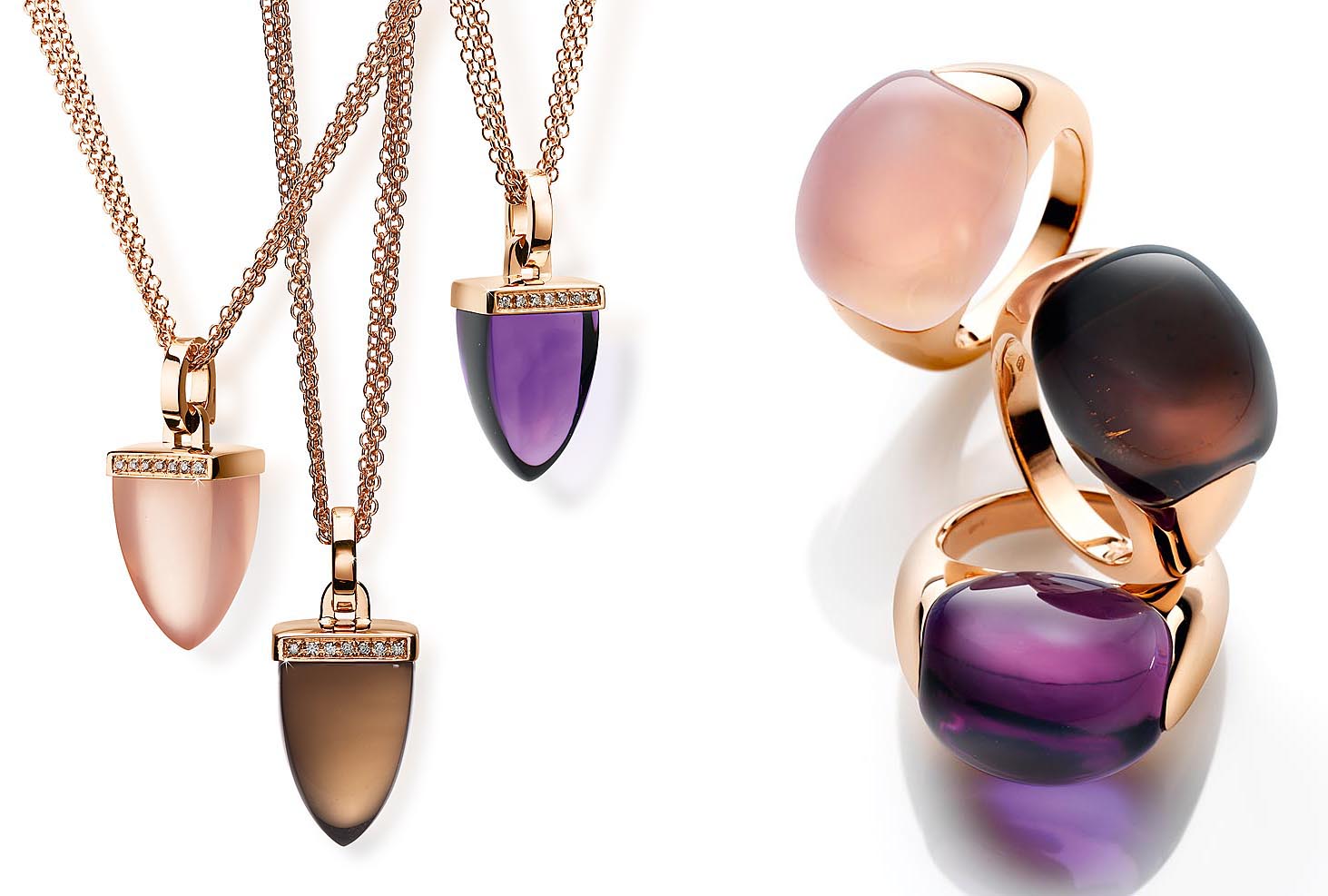 Werbeaufnahme Schmuckset rotgold Farbsteine vor weißem Untergrund Werbefotografie und Retusche Kai Arndt München